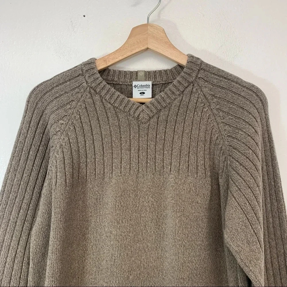 Columbia Chunky Sweater Men Large Brown V Neck Cotton Long Sleeve Logo‎ Warm